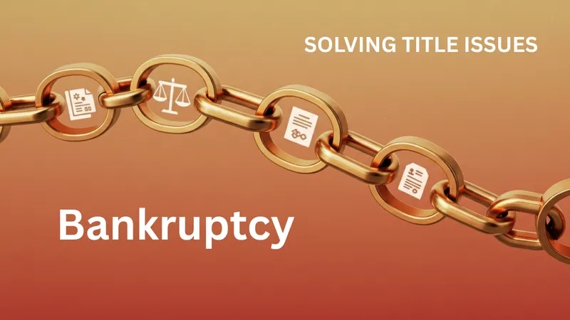 Rendering of a golden chain with legal icons on a warm, gradient background, symbolizing the chain of title with the words Bankruptcy