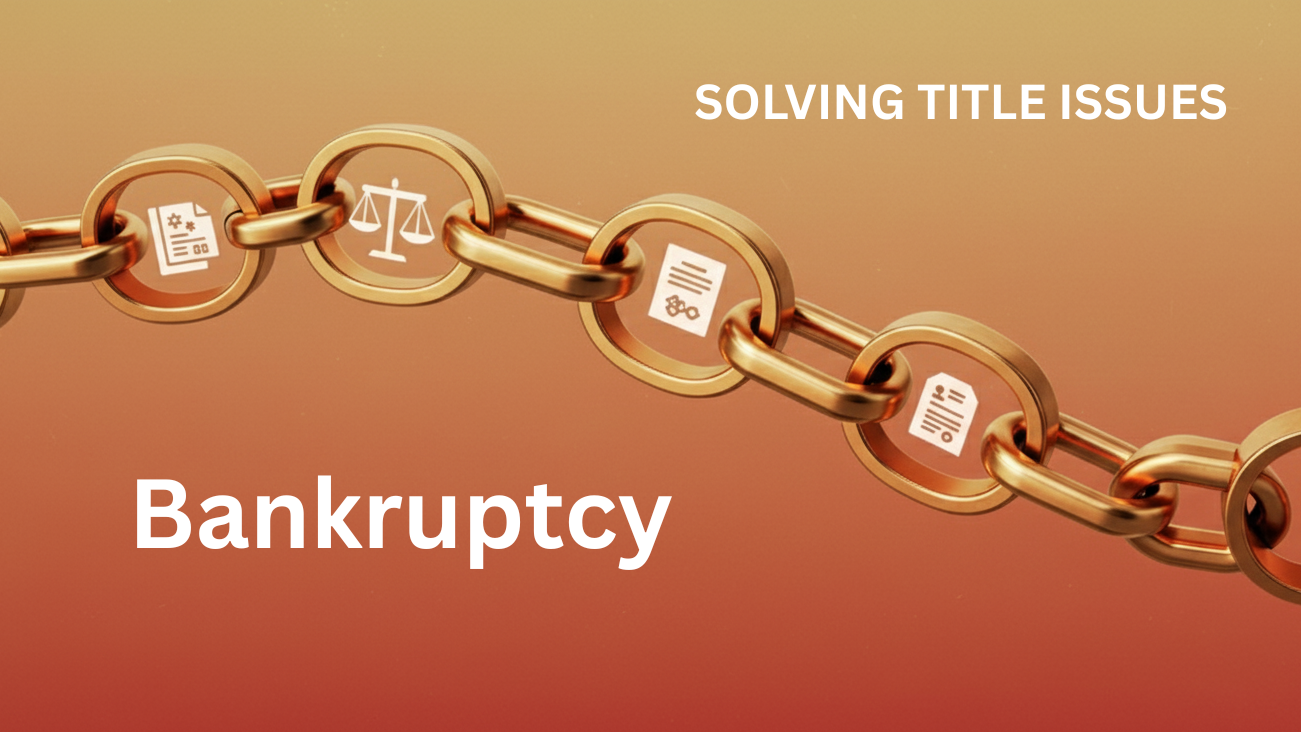Rendering of a golden chain with legal icons on a warm, gradient background, symbolizing the chain of title with the words Bankruptcy