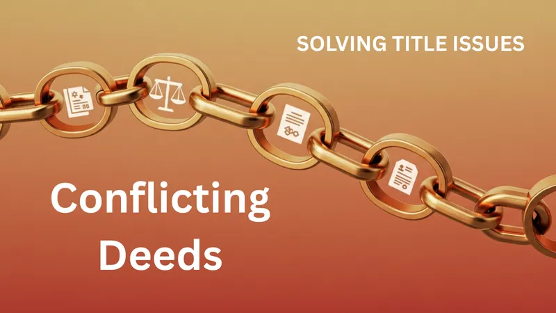 Rendering of a golden chain with legal icons on a warm, gradient background, symbolizing the chain of title with the words Conflicting Deeds