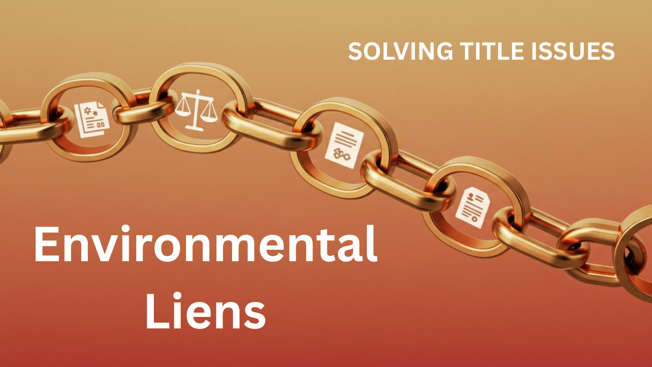 Rendering of a golden chain with legal icons on a warm, gradient background, symbolizing the chain of title with the words Environmental Liens