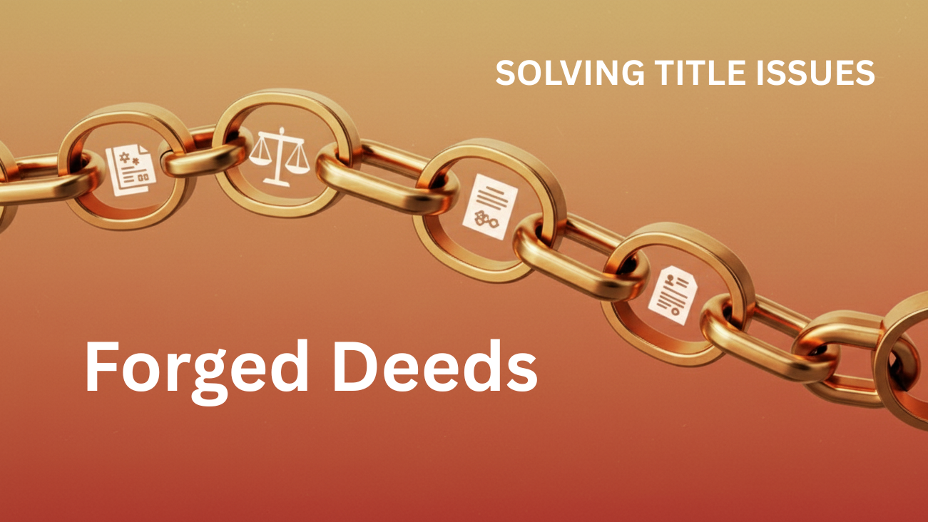 Rendering of a golden chain with legal icons on a warm, gradient background, symbolizing the chain of title with the words Forged Deeds
