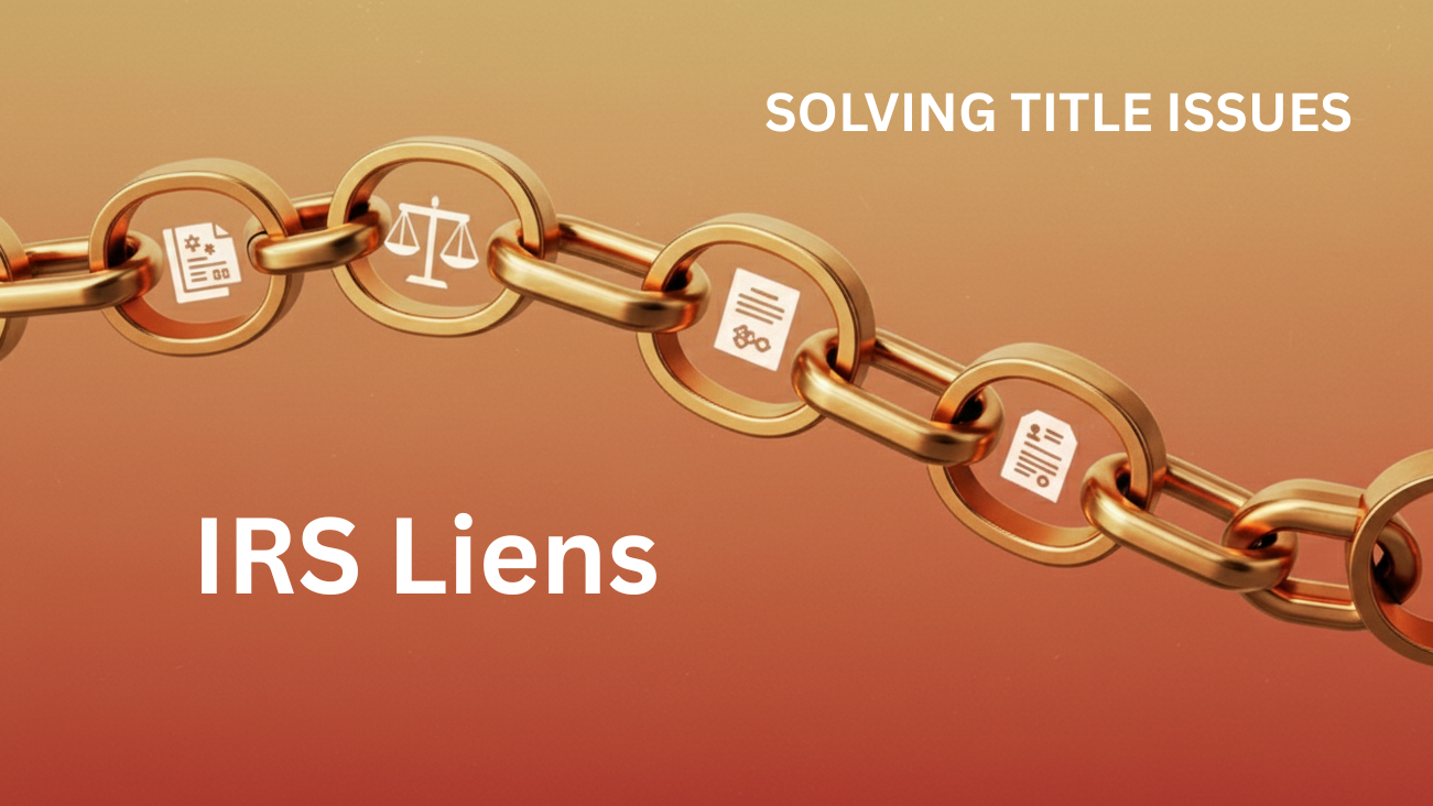 Rendering of a golden chain with legal icons on a warm, gradient background, symbolizing the chain of title with the words IRS Liens