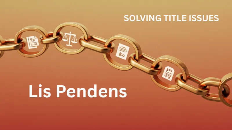 Rendering of a golden chain with legal icons on a warm, gradient background, symbolizing the chain of title with the words Lis Pendens