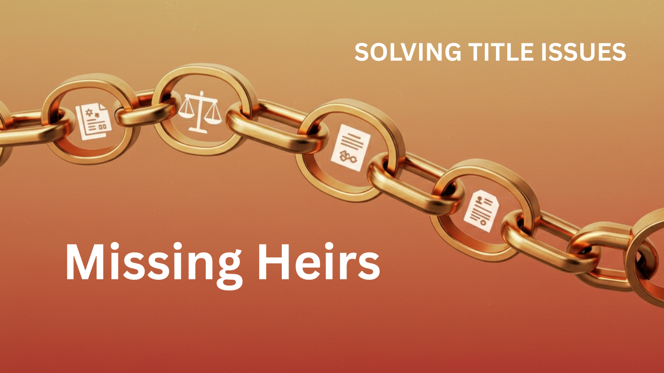 Rendering of a golden chain with legal icons on a warm, gradient background, symbolizing the chain of title with the words Missing Heirs