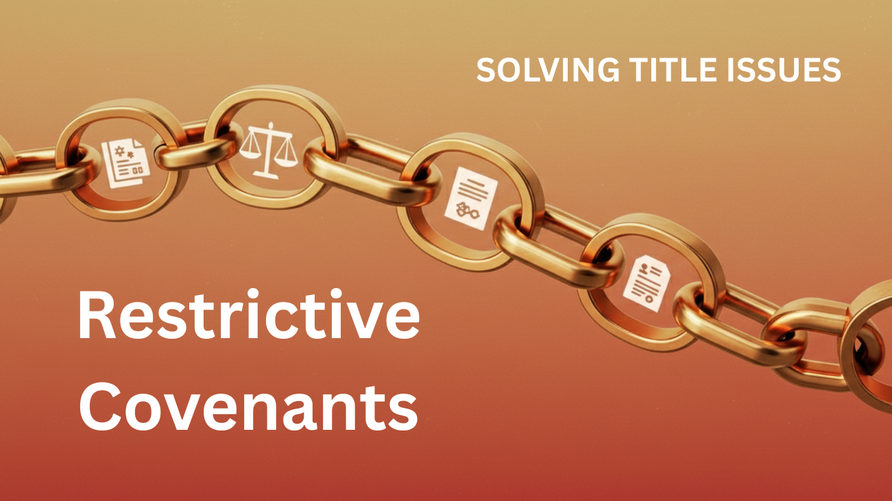 Rendering of a golden chain with legal icons on a warm, gradient background, symbolizing the chain of title with the words Restrictive Covenants