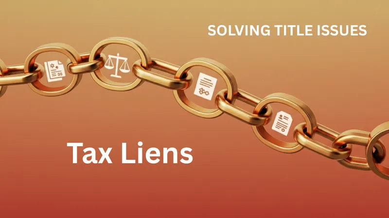 Rendering of a golden chain with legal icons on a warm, gradient background, symbolizing the chain of title with the words Tax Liens