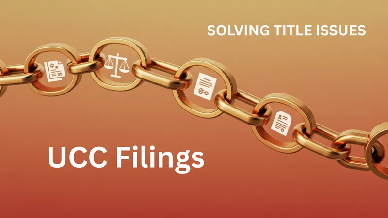 Rendering of a golden chain with legal icons on a warm, gradient background, symbolizing the chain of title with the words UCC Filings