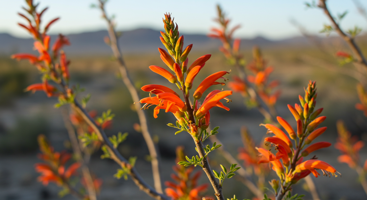 Close-up of a blooming Ocotillo plant, a native species in Blythe, CA, symbolizing the successful conservation of the land's unique desert habitat.