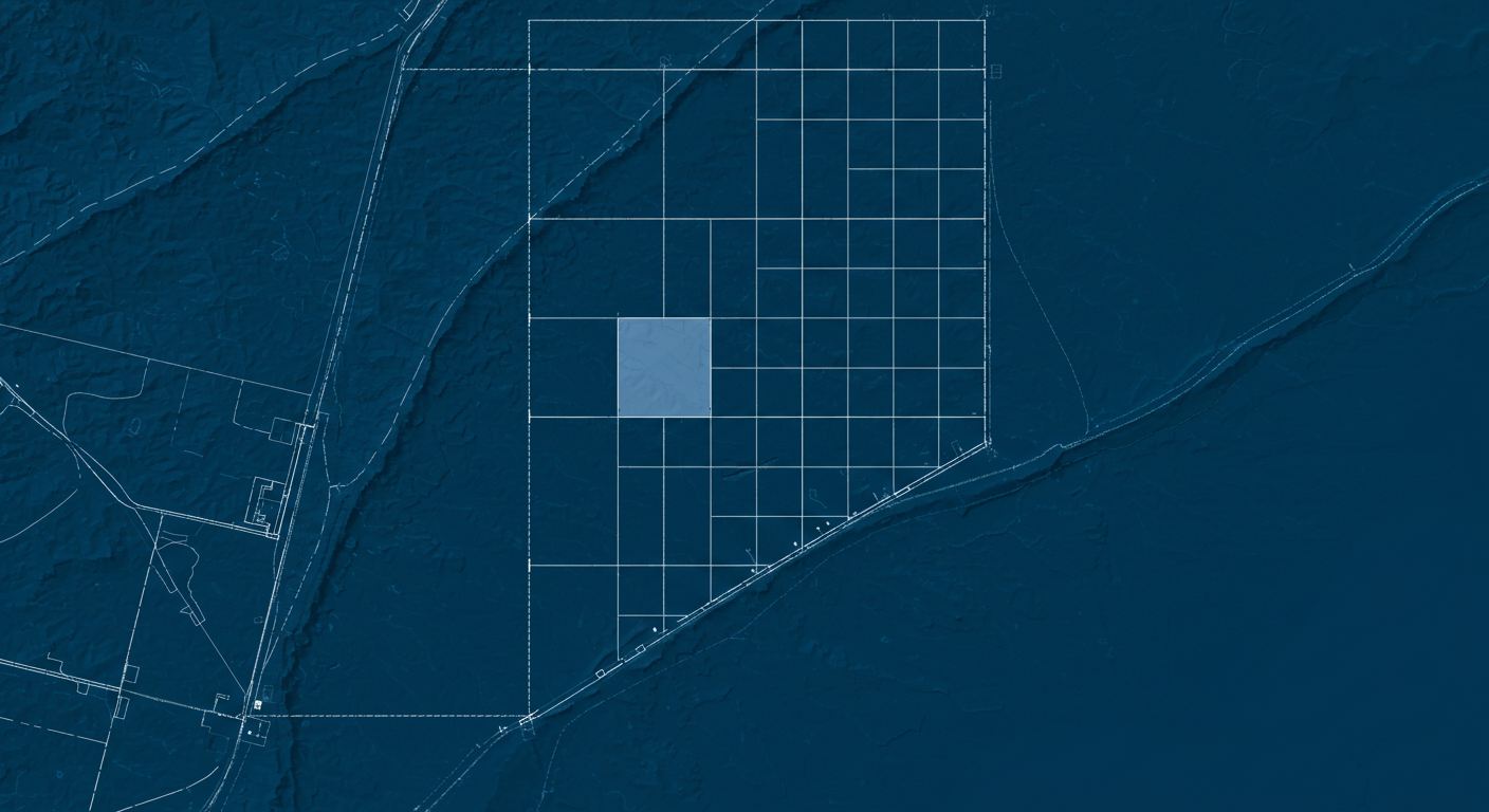 A blueprint schematic of a land survey showing a rectangular parcel with no road access, illustrating the problem of a landlocked property.