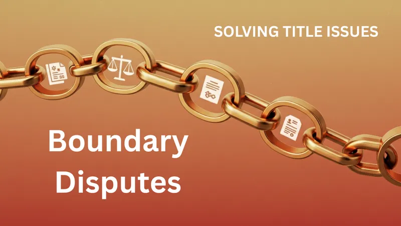 Rendering of a golden chain with legal icons on a warm, gradient background, symbolizing the chain of title with the words Boundary Disputes
