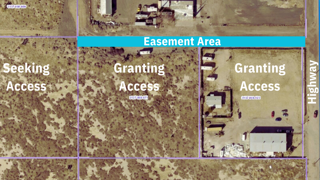 Map showing a highlighted Easement Area connecting a landlocked property to the highway across two other parcels.