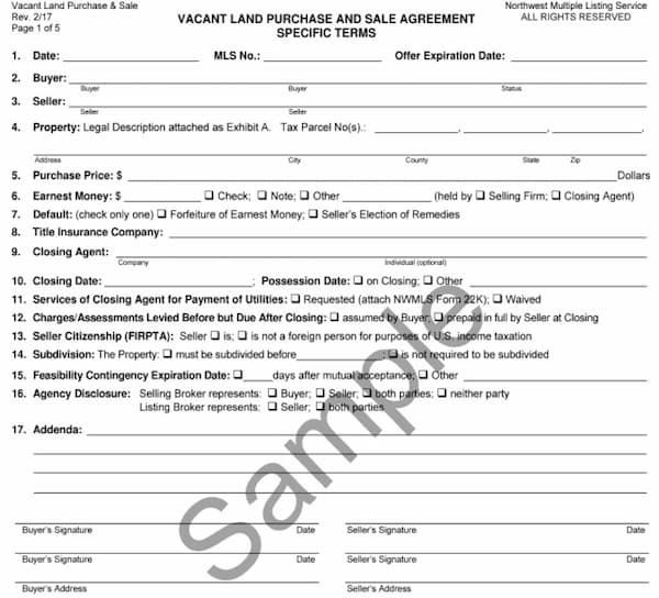 First page of the Washington vacant land purchase agreement form