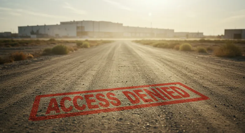Dusty road leading to an industrial building with 'ACCESS DENIED' stenciled on the ground.