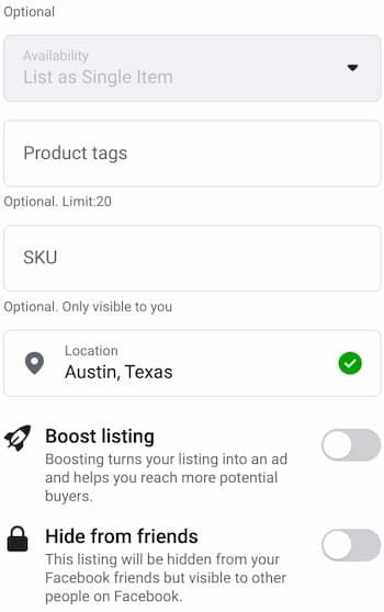 optional facebook marketplace fields