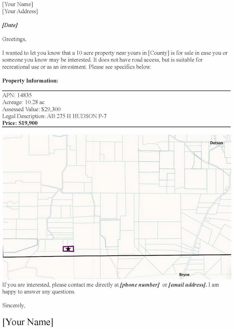 Sample letter to sell property with description and aerial image