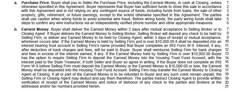 Second page of the Washington vacant land purchase agreement form highlighting key terms