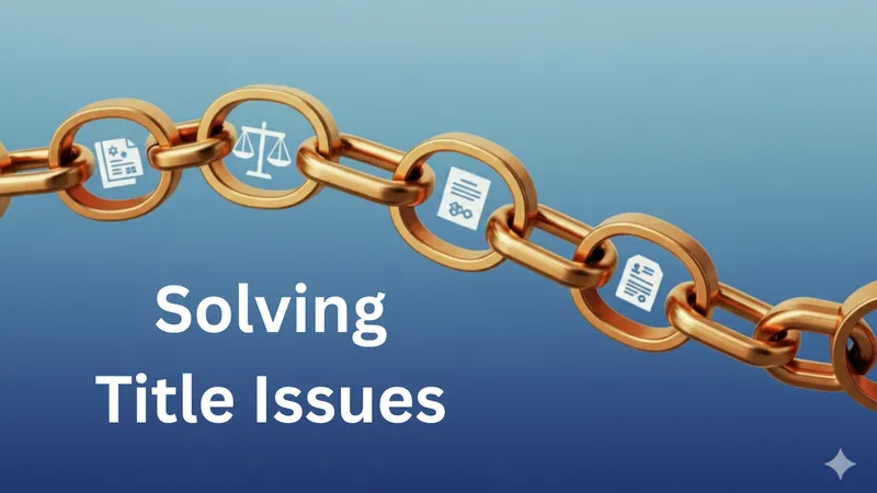 3D rendering of a golden chain with legal icons on a blue gradient background and the words Solving Title Issues.