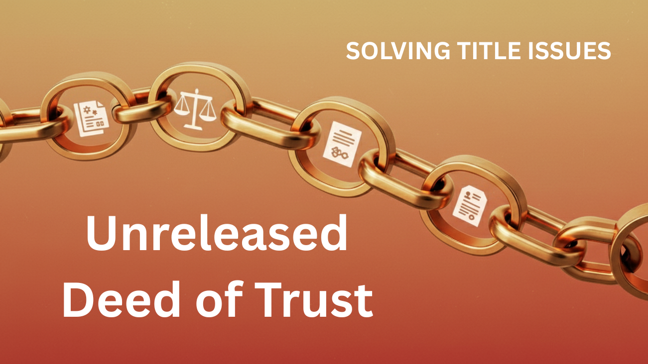 Rendering of a golden chain with legal icons on a warm, gradient background, symbolizing the chain of title with the words Unreleased Deed of Trust